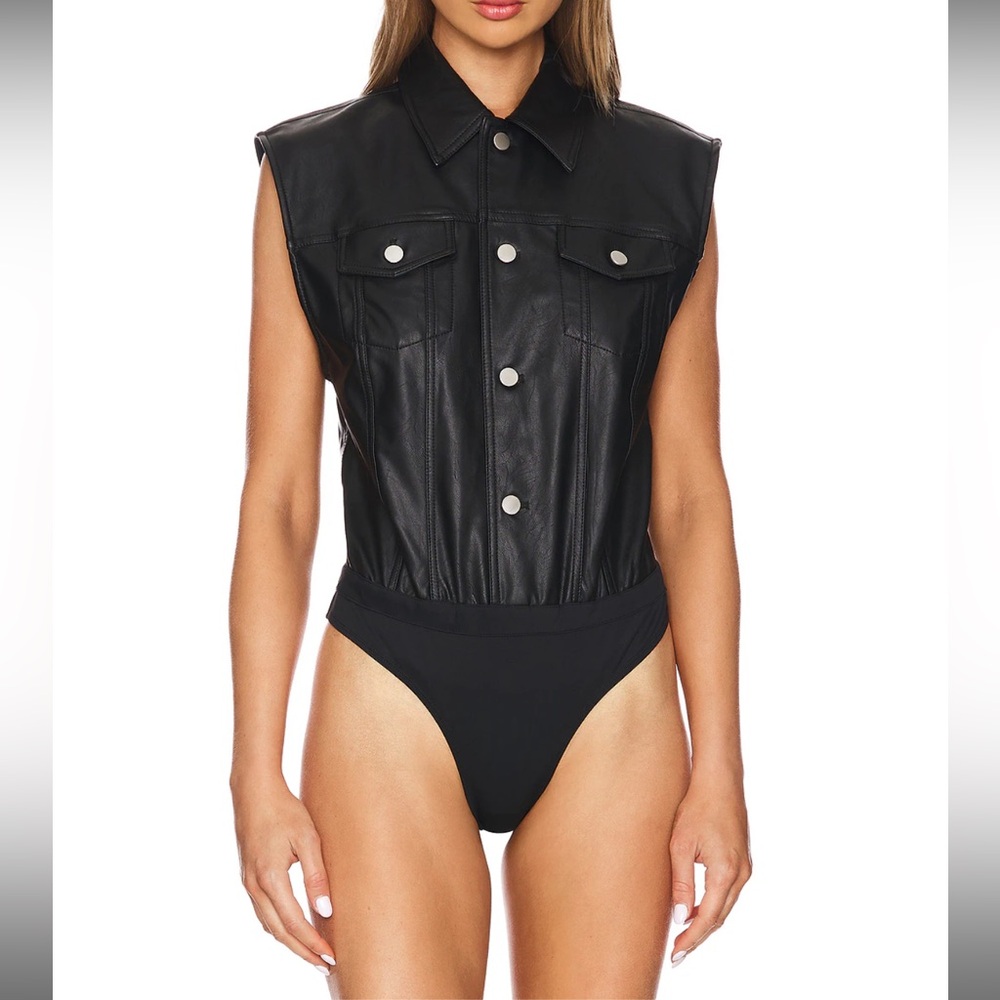 Ronny Kobo Carlyle Faux Leather Bodysuit in Jet Black - Picture 2 of 6